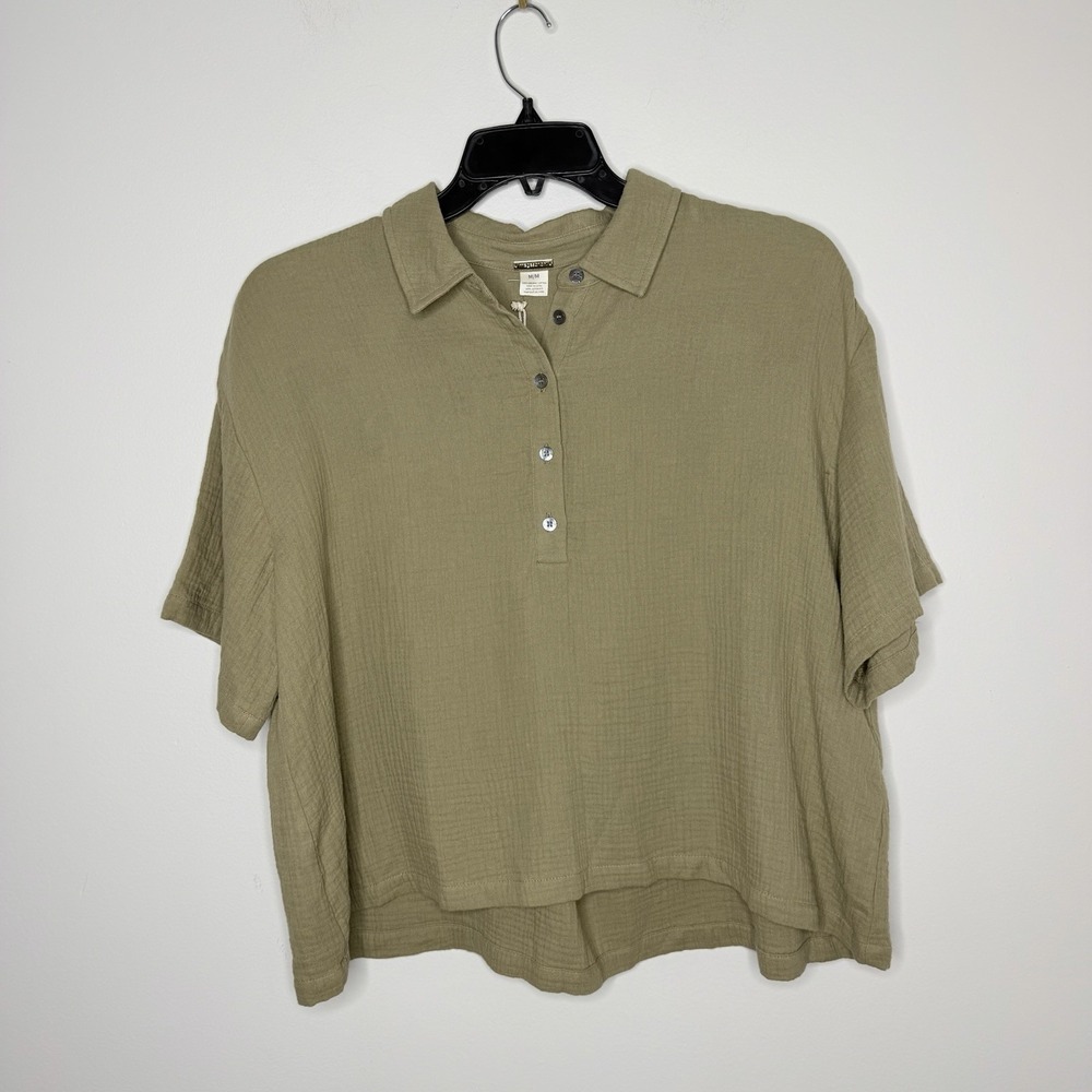 Magaschoni Womens M Seagrass Green Organic Cotton Gauze Shirt 1/2 Button Blouse